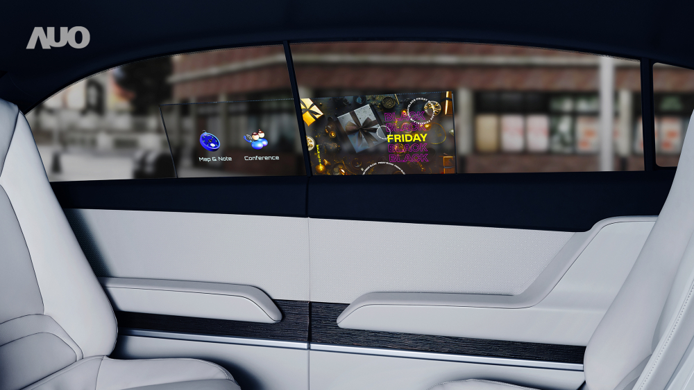 友達「互動式透明智慧車窗」將高透明Micro LED顯示器整合到車側窗，並搭載觸控功能，進行娛樂、線上視訊會議及安全示警資訊顯示，引領沉浸式座艙創新感受