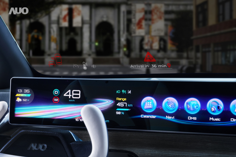 AUO’s state-of-the-art sensing technology connects the “Immersive Panoramic HUD” on the windshield with the “Intuitive Steering Wheel Touch Control”, offering a wide, clear viewing angle for added safety when behind the wheel.